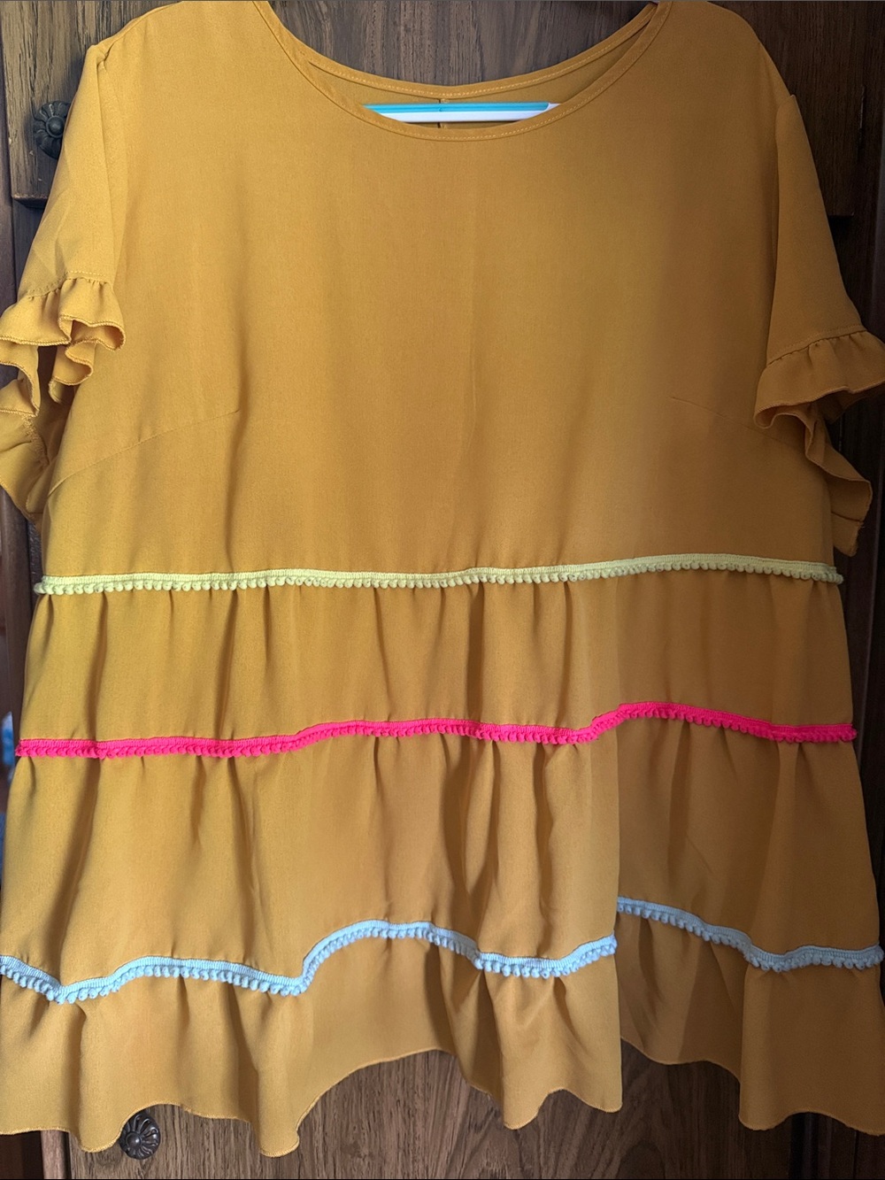SHEIN Mustard Yellow Ruffle Trim Tiered Blouse with Pink and White Accents